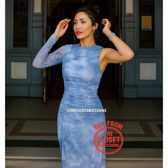 ZARA BLOGGER FAVE!!! Blue Fitted One-Sleeve Midi Dress NWT 💙 - Picture 2 of 16